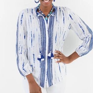 Chicos Women Tie Dye Boho Tunic top‎ Blue White Tassel Button up Chicos 0P US 4P